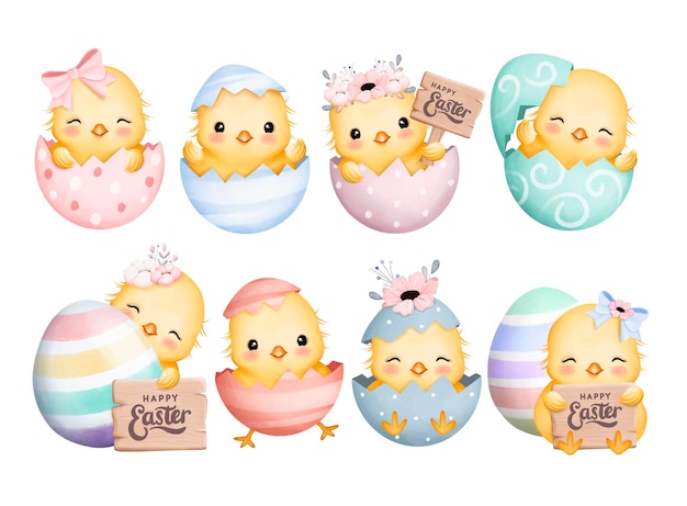 Watercolor Illustration set of Easter Eggs and Chicks with Happy Easter Sign