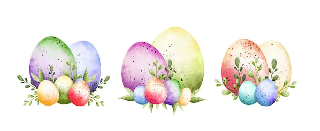 Vector watercolor illustration set of easter eggs