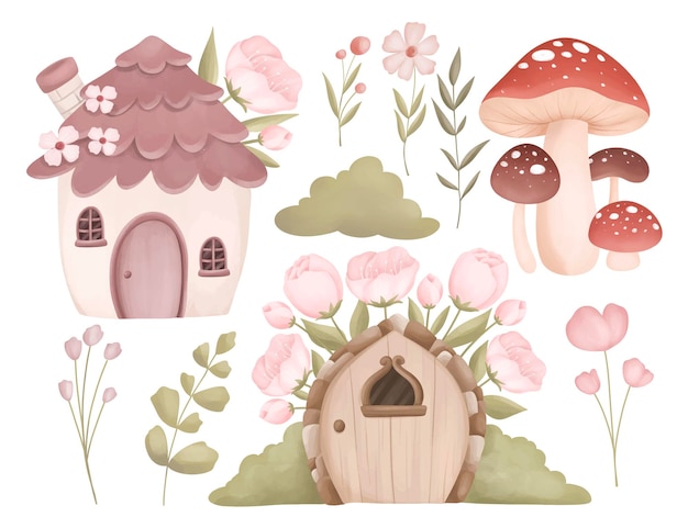 Watercolor illustration set of fairy house mushroom house leaves and flowers