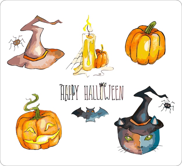 Watercolor illustration set for Halloween. Witch hat, candles, pumpkin, magic cat and bat.