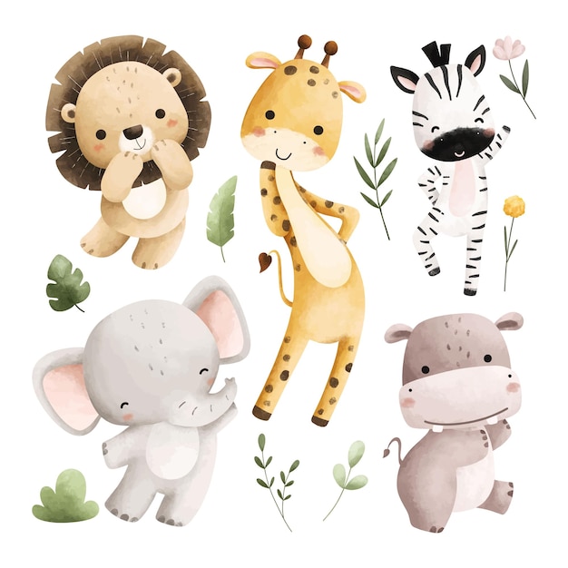 幸せなサファリ動物の水彩画セット