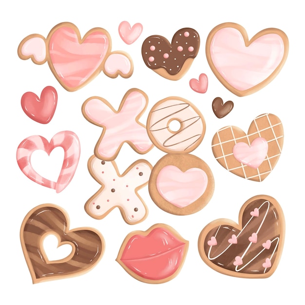 Watercolor illustration set of heart cookies and candy