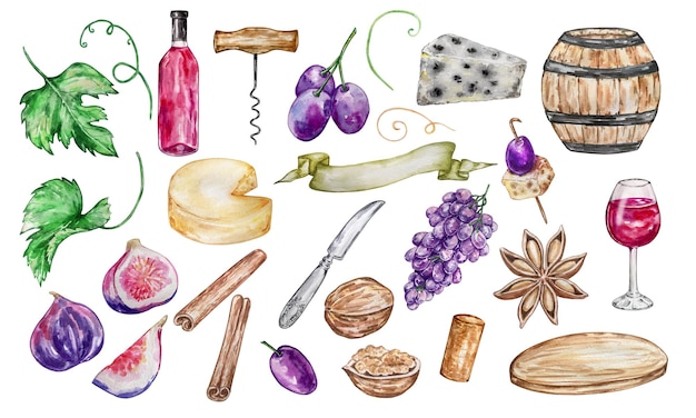 Акварельные иллюстрации набор отдельных элементов стеклянная бочка для вина, поднос, виноград, сыр и специи