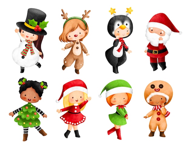 Watercolor Illustration set of Kids wearing Cute Christmas costume