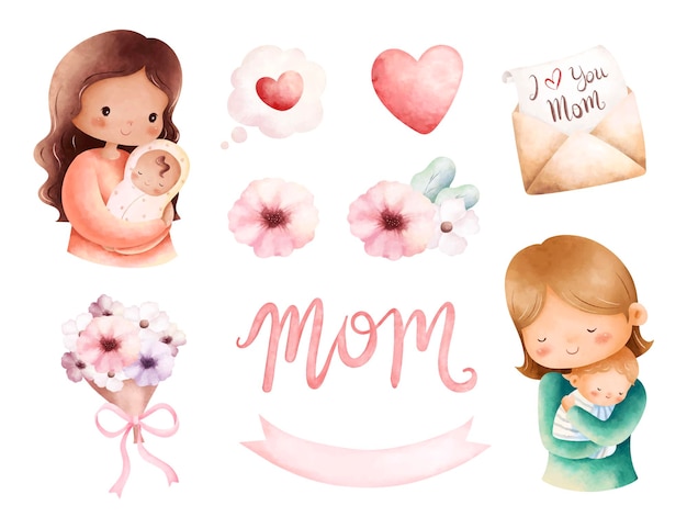 Watercolor illustration set of mothers day clipart