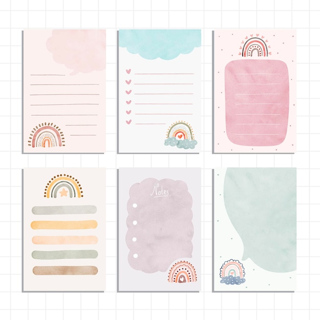 Watercolor illustration Set of Notes paper with cute elements