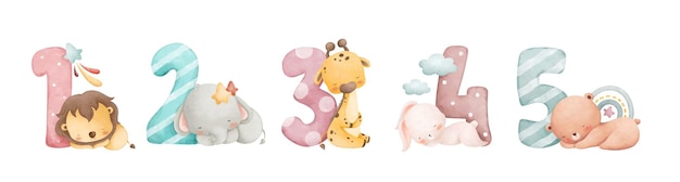 Watercolor illustration set of numbers with cute baby animals