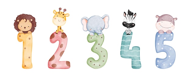 Watercolor Illustration set of numbers with cute baby animals