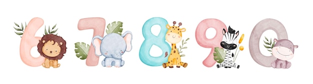 Watercolor Illustration set of numbers with cute baby animals