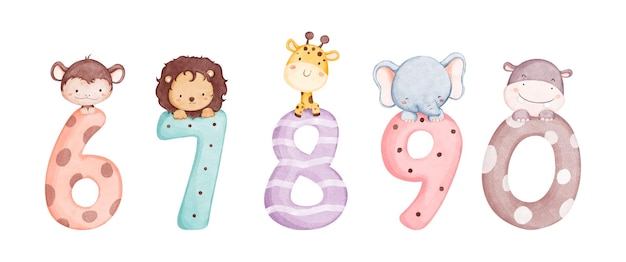 Watercolor illustration set of numbers with cute baby animals