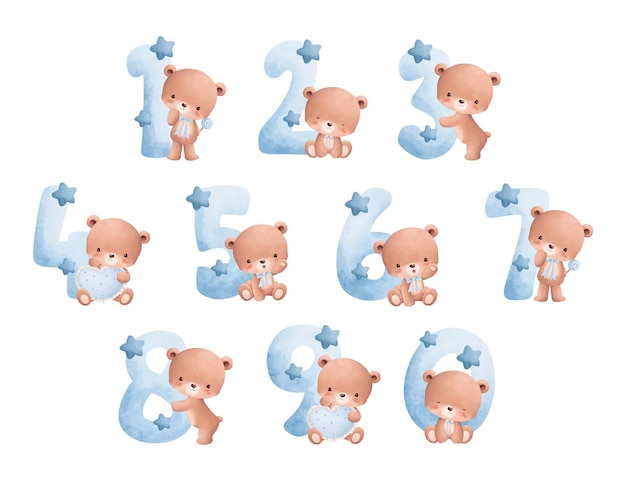 Vector watercolor illustration set of numbers with cute baby bear