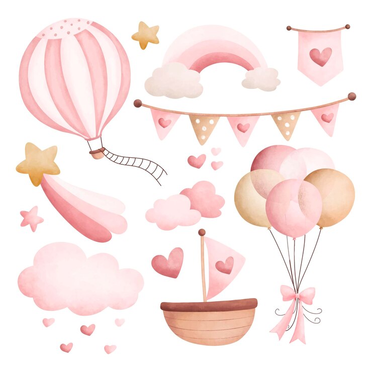 Watercolor illustration set of nursery clipart for baby girl