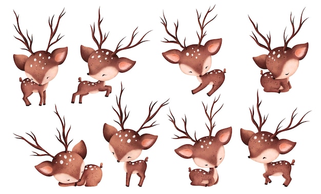 赤ちゃん鹿の水彩イラストセット