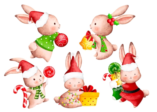Набор акварельных иллюстраций милого рождественского кролика
