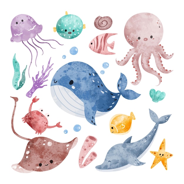 ベクトル 可愛い海動物の水彩画セット