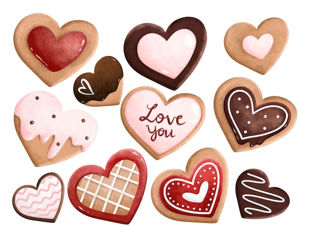 ベクトル ハート型のバレンタインクッキーの水彩イラストセット