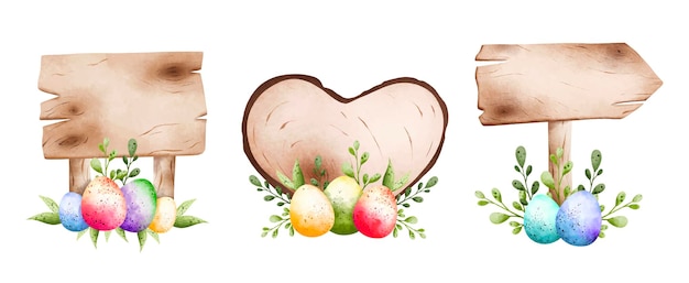 Набор акварельных иллюстраций из деревянной доски с пасхальными яйцами