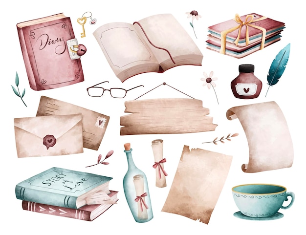 Vector watercolor illustration set of old letter and books