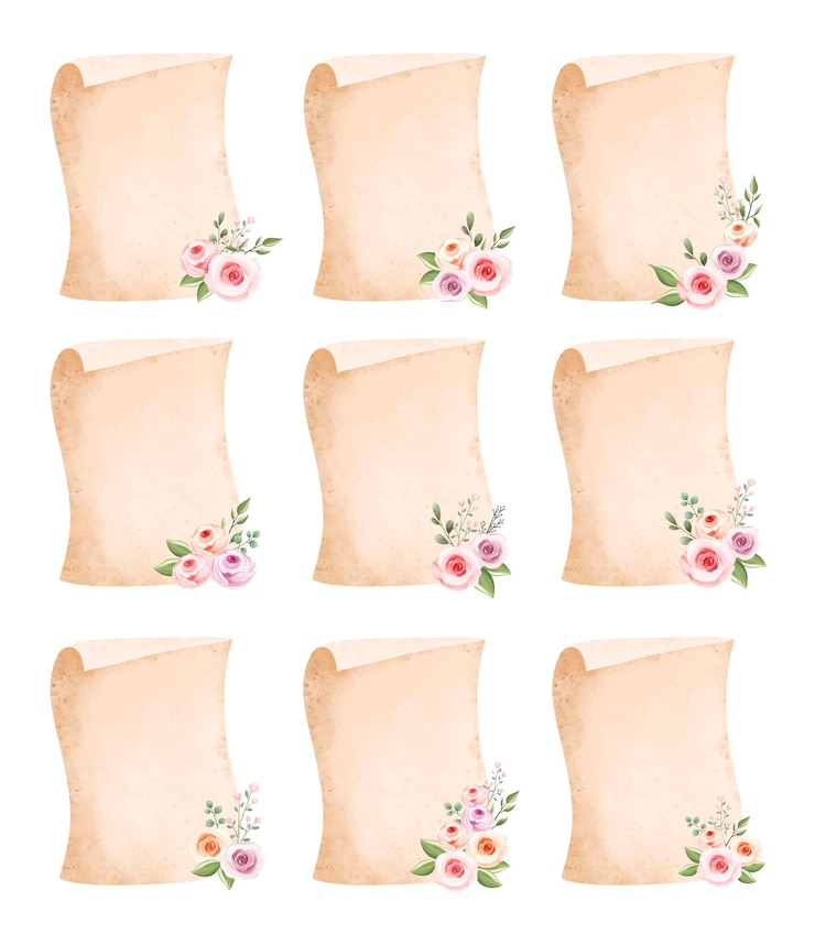 Vector watercolor illustration set of old vintage paper and roses