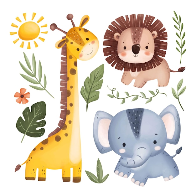 Vector watercolor illustration set of safari animals and leaves