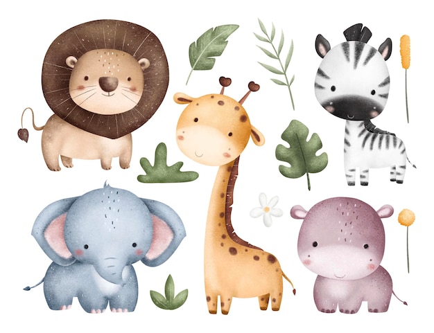 サファリの動物と熱帯の葉のイラストセット