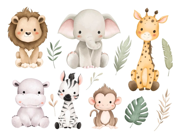 Vector サファリの動物と熱帯の葉のイラストセット