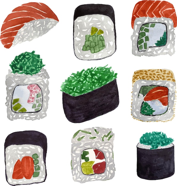 Watercolor illustration of a set of sushi rolls japanese cuisine japanese sushi rolls