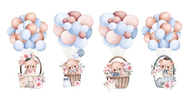 Watercolor illustration set of Teddy bear and balloons