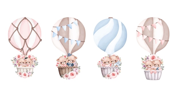 Watercolor illustration set of Teddy bear in Hot air balloon