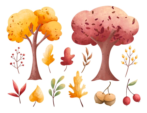 Insieme dell'illustrazione dell'acquerello dell'albero e delle foglie di autunno