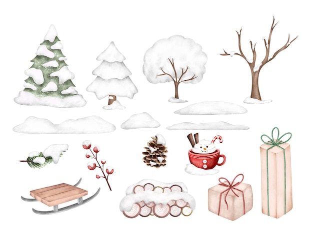 Watercolor illustration set of tree snow and winter elements