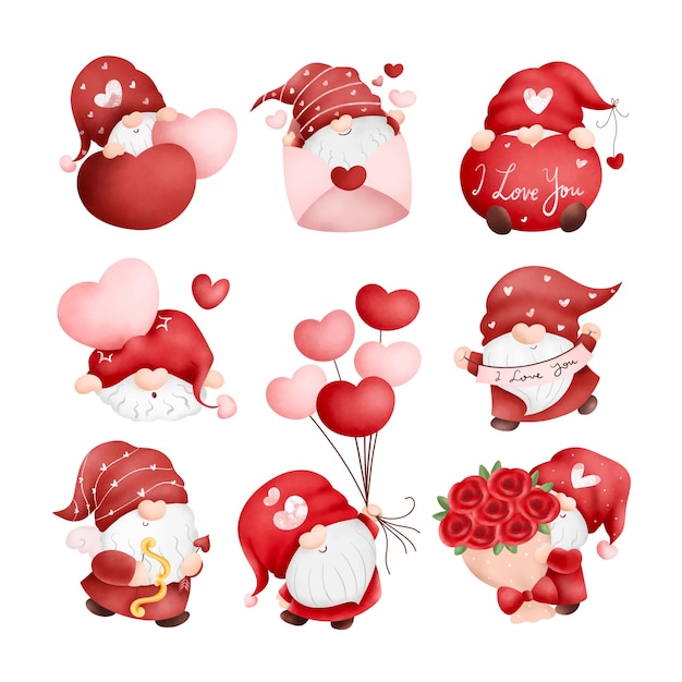 Vector watercolor illustration set of valentine gnomes