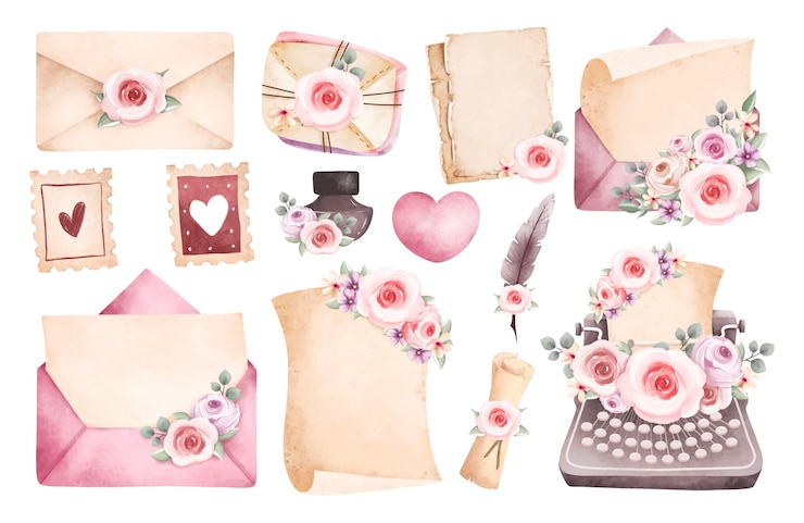 Vector watercolor illustration set of vintage love letter