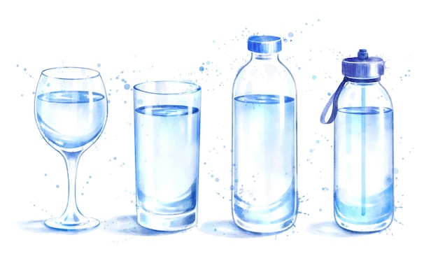 Watercolor illustration set of water bottles and glasses