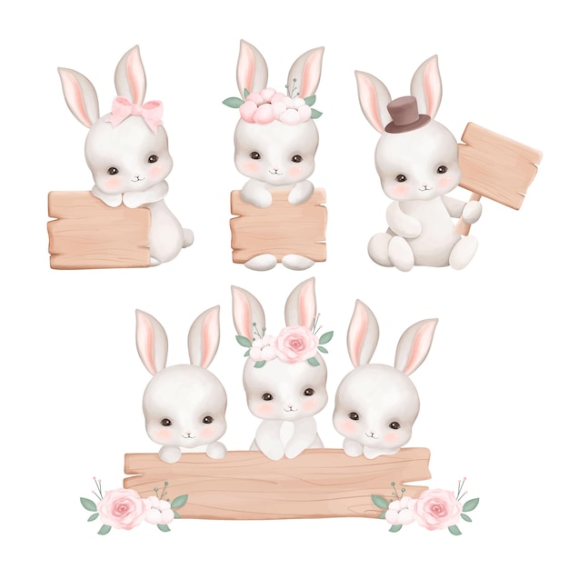 Watercolor Illustration set of White Rabbit and Wooden Sign with Flowers