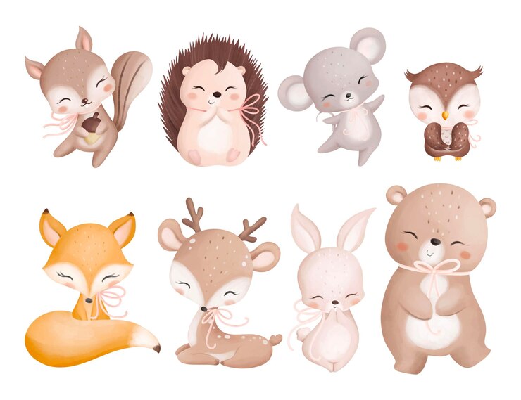 Vector 水彩画 森 の 動物 たち が 首 に ピンク の リボン を 着け て いる セット