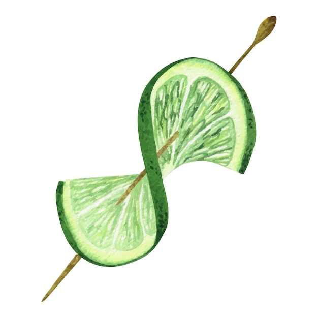 Акварельная иллюстрация ломтика свежего и сочного лайма на шампуре для коктейля