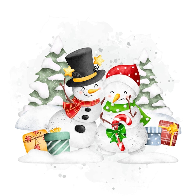 Акварельная иллюстрация снеговика и подарок в зимний сезон
