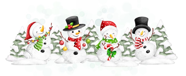 Watercolor illustration snowman and winter tree banner