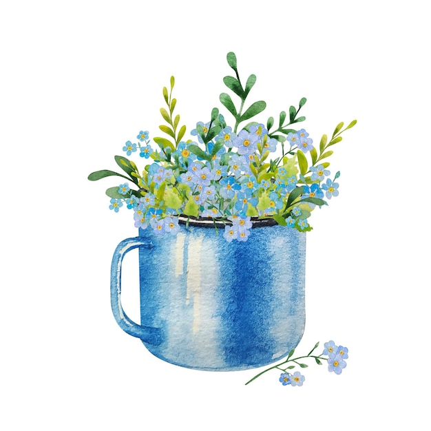 Vector watercolor illustration of spring blue flowers in blue mug