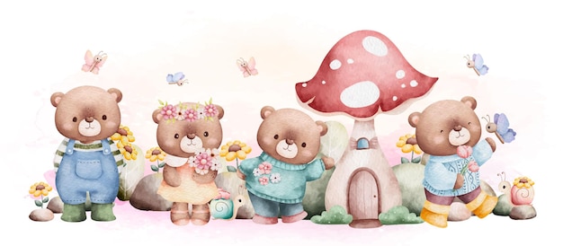 Watercolor Illustration Spring Teddy bear in the garden background