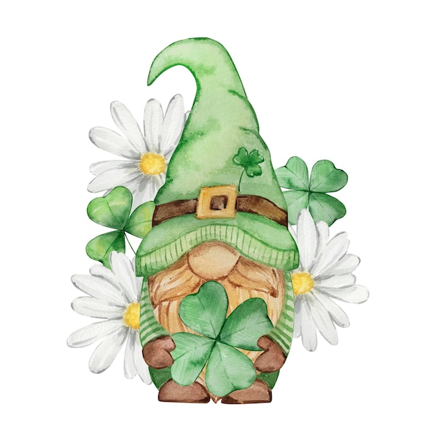 Vector watercolor illustration of st patricks day gnome in a green hat with clover and daisiesxaxa