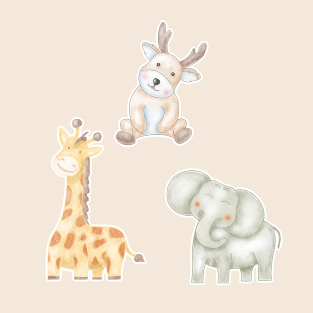 Watercolor illustration sticker cute deer giraffe and elephant for nursery and baby shower