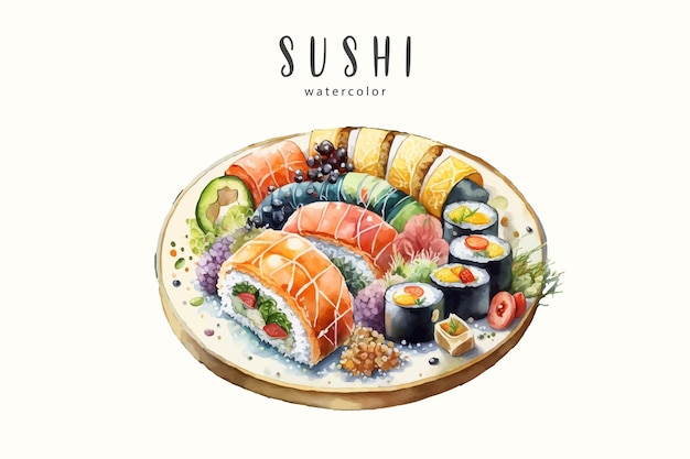 Watercolor illustration of sushi on a plate