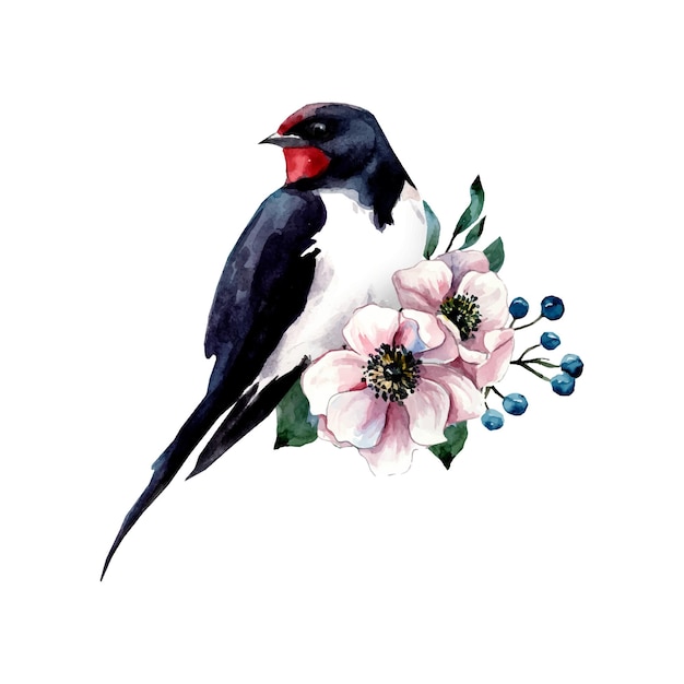 Watercolor illustration of a swallow and peonies on a white background Spring Bird day