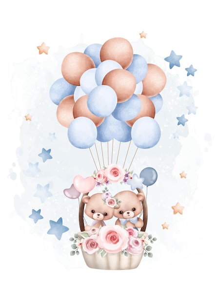 Watercolor illustration teddy bear and balloons with stars