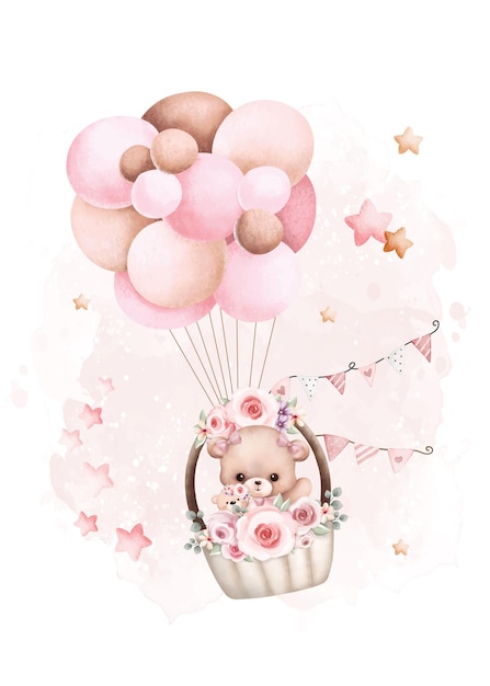 Watercolor illustration Teddy Bear and Balloons with Stars