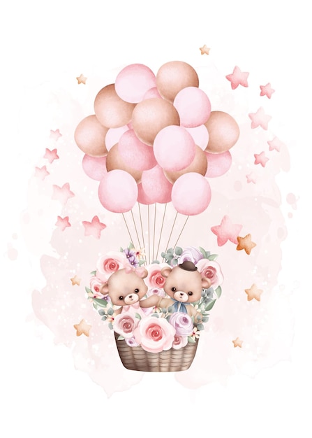 Watercolor illustration Teddy Bear and Balloons with Stars