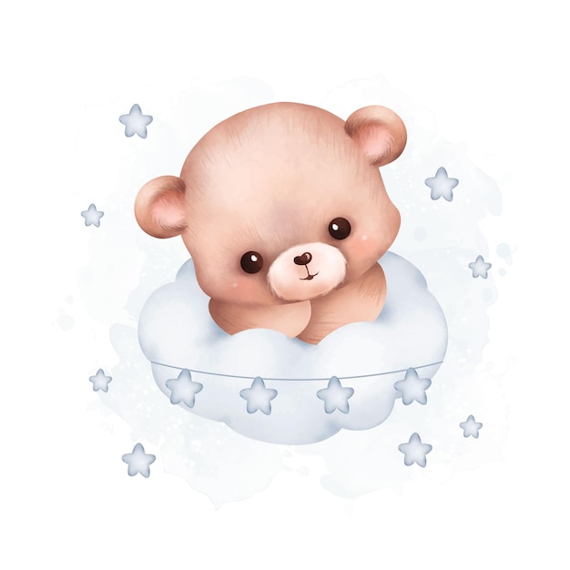 Watercolor Illustration Teddy Bear on the cloud with stars