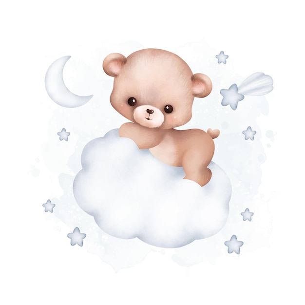 Watercolor Illustration Teddy Bear on the cloud with stars